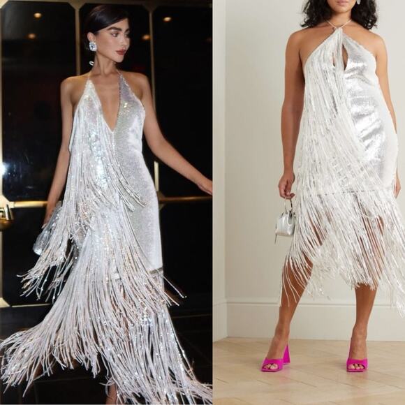 Rotate Birger Christensen Sequin Metallic Fringe Sleeveless Dress Silver Size 10 - Picture 6 of 16